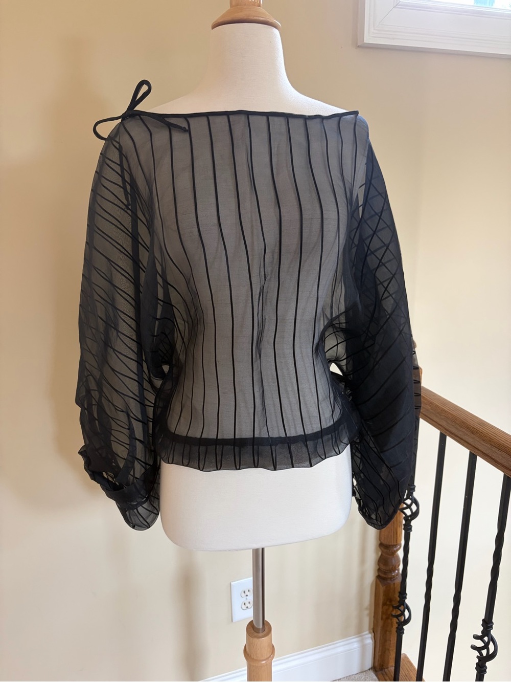 Fernando Pena Organza Sheer Black Striped Boatneck Blouse with Balloon Sleeves